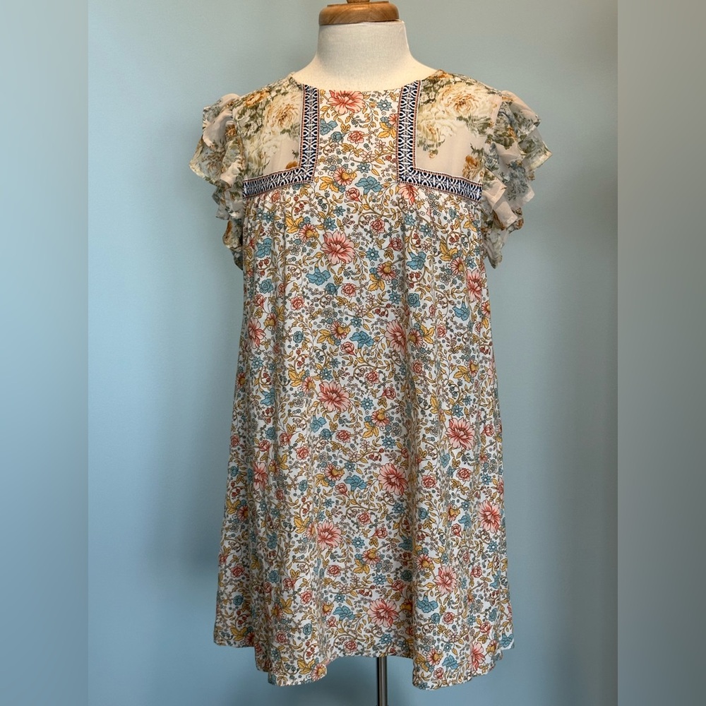 entro Cream Floral Mini Dress with Pink and Blue Accents
